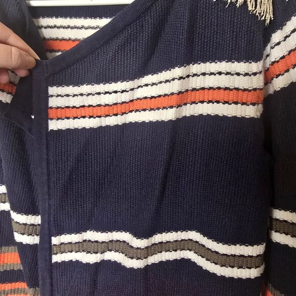 Vilagallo Navy Blue Multicolor Stripe Open Front Cardigan Fringe Shoulder S/M - Picture 3 of 16